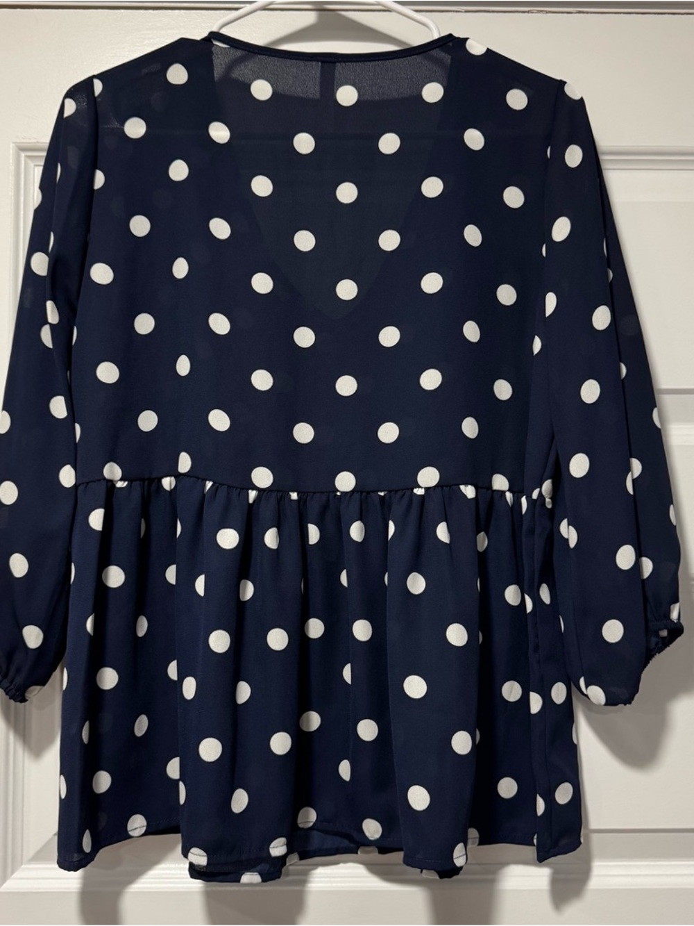 Ruffled V-Neck Polka Dot Peplum Blouse - Navy - Picture 6 of 10